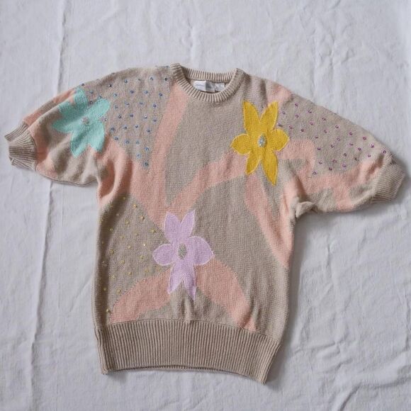 Sweet 80s floral intarsia sequined longline sweater‎ - Picture 3 of 8